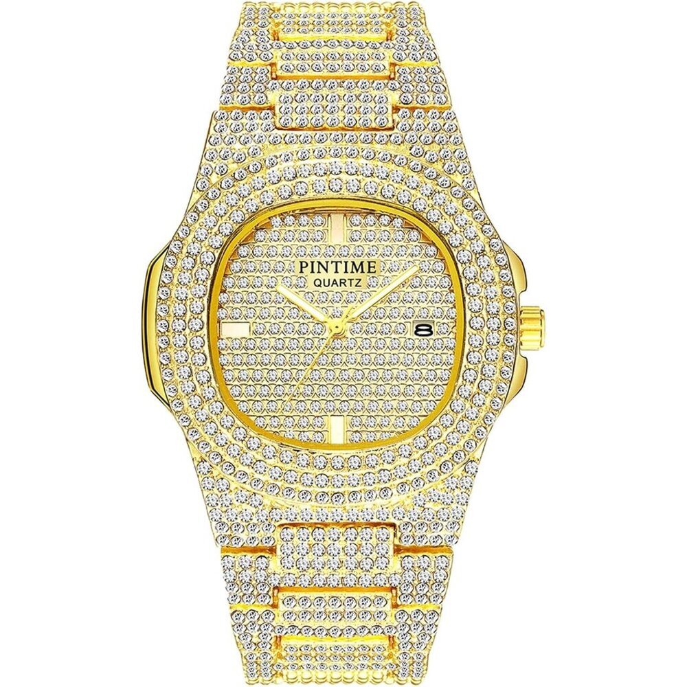 Men's Gold 1 Crystal Bling Rectangle Case Stainless Steel Quartz Analog Watch